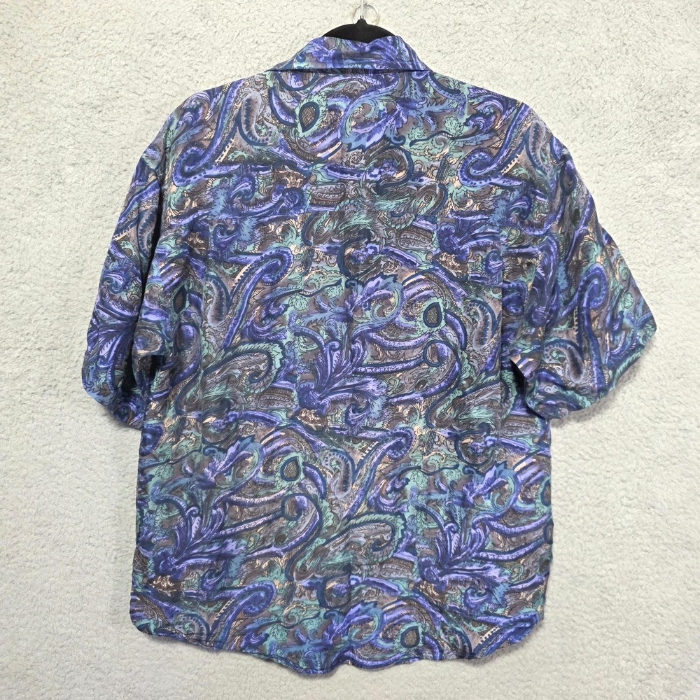 Vintage Shah Safari 100%‎ Silk Mens Button Up Blue Paisley Size Small 90s - Picture 2 of 5